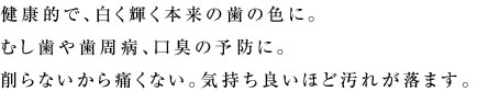 健康的で、白く輝く本来の歯の色に。虫歯や歯周病、口臭の予防に。削らないから痛くない。気持ち良いほど汚れが落ちます。
